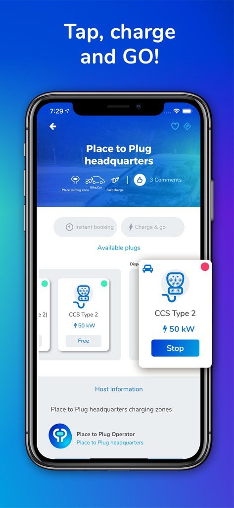Place to Plug - 전력 출력 및 상태와 함께 CCS Type 2 커넥터의 전기차 충전소 세부 정보를 보여주는 모바일 앱 화면