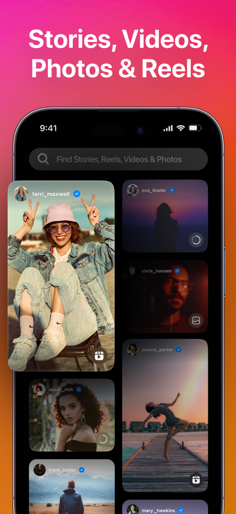 InSaver app interface showing a grid of stories videos and photos for social media reposting