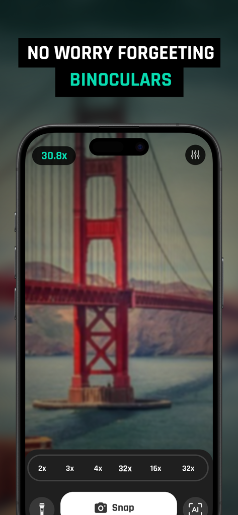 Binoculars Shoot Zoom Camera - 双眼鏡撮影ズームカメラアプリのモバイルインターフェース。ゴールデンゲートブリッジを30.8倍に拡大した画像が表示されています。