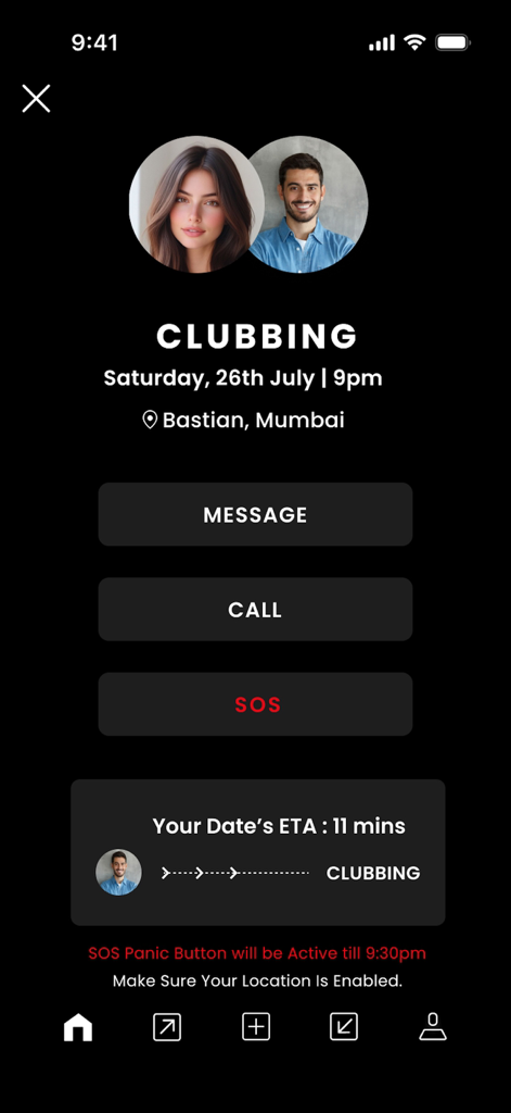 Interface do aplicativo NO NAMES mostrando um plano social com rastreamento de data e botão de segurança SOS.