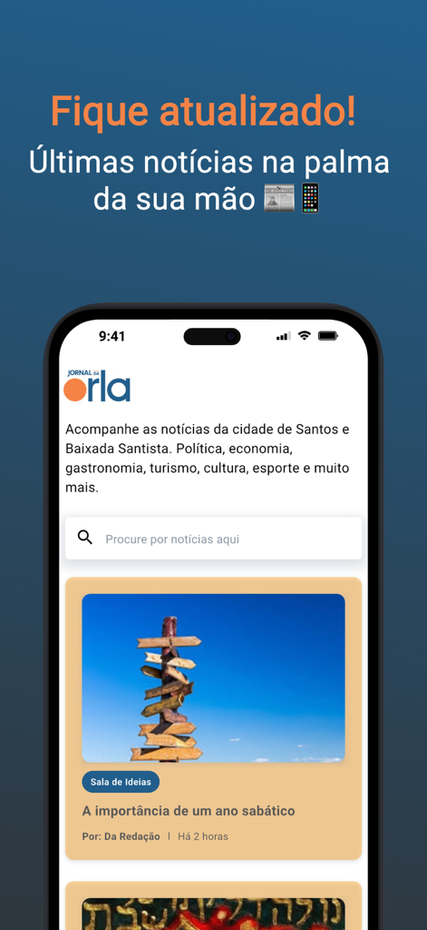 Jornal da Orla - バイシャーダ・サンチスタのローカルニュースと記事が表示されたJornal da Orlaニュースアプリのフィードを示すスマートフォンの画面。