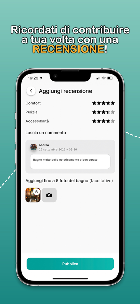 Where is the toilet - A mobile phone screen showing how to add a bathroom review with star ratings for comfort cleanliness and accessibility