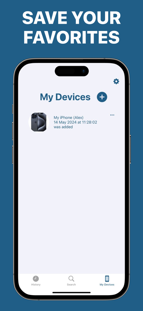 Find Air App - Device Tracker - Find Air App interface displaying the My Devices list with a saved iPhone.