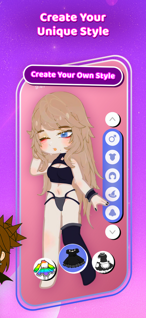 Tela de personalização de personagem no Gachuna Nox Nebula Gacha Mod para criar estilos de anime únicos