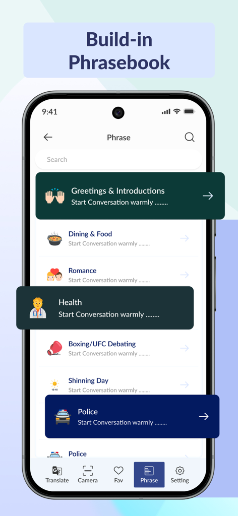 AI Translator | Voice & Photo - Screenshot of the built-in phrasebook in the AI Translator app showing various conversation categories like greetings health and dining
