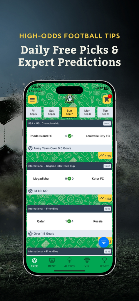 Vip Betting Tips app interface showing daily football match predictions and odds
