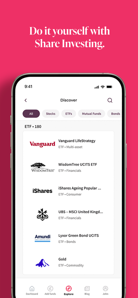 Moneyfarm: Investing & Saving - Moneyfarm-App-Oberfläche mit einer Liste von ETFs, die für die Aktienanlage verfügbar sind