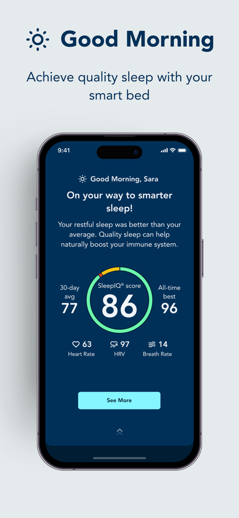 Sleep Number - SleepIQ 점수와 심박수 데이터를 보여주는 Sleep Number 앱 인터페이스.