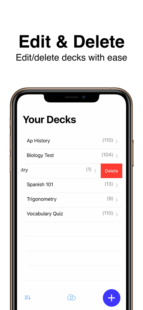 Flash Cards Flashcards Maker - Interface do aplicativo Flashcard mostrando uma lista de decks de estudo com uma opção para editar ou excluir.