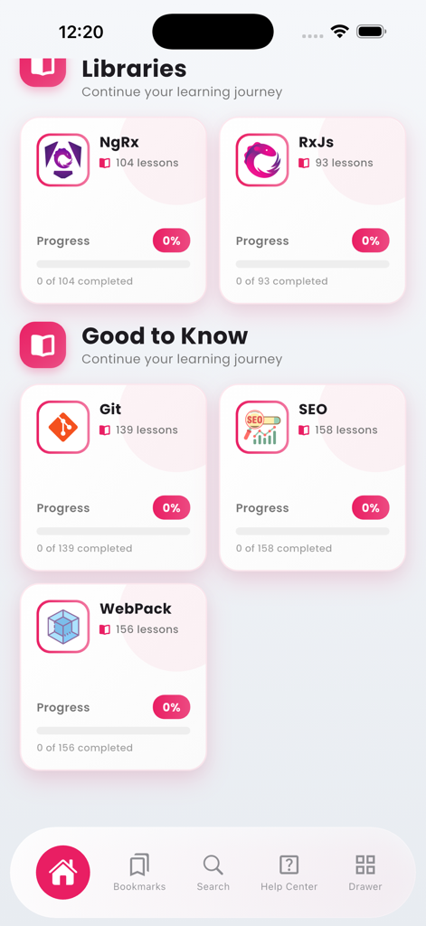 Learn Angular Development - Mobile App-Oberfläche, die Angular-Lernmodule für NgRx, RxJs, Git, SEO und WebPack anzeigt