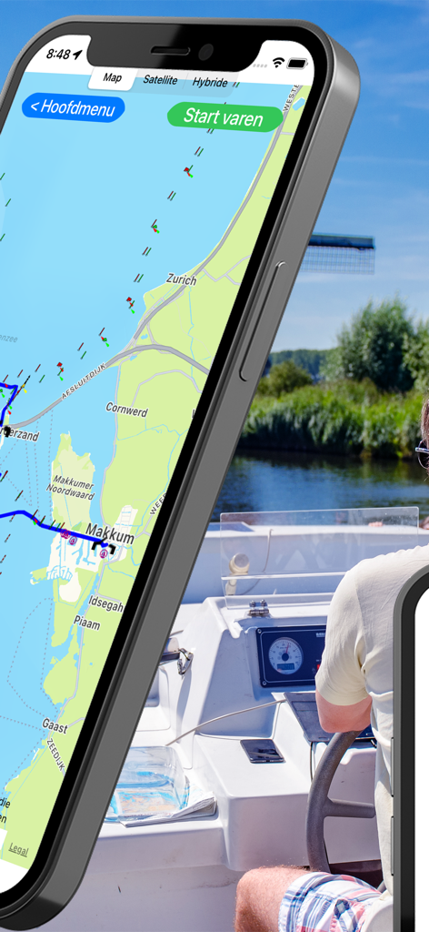 Smartphone displaying a boat navigation map with a person steering a boat in the background