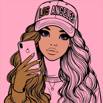 realistic beautiful girl wearing los ángeles cap holding an iphone