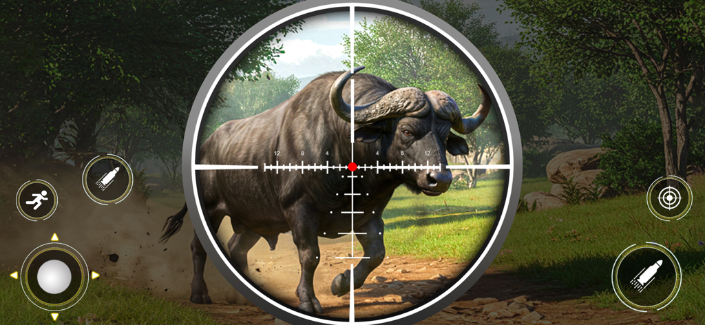 Wild Hunter 3D: Shooting Games - Sniper scope view aiming at a buffalo in a forest environment from Wild Hunter 3D.