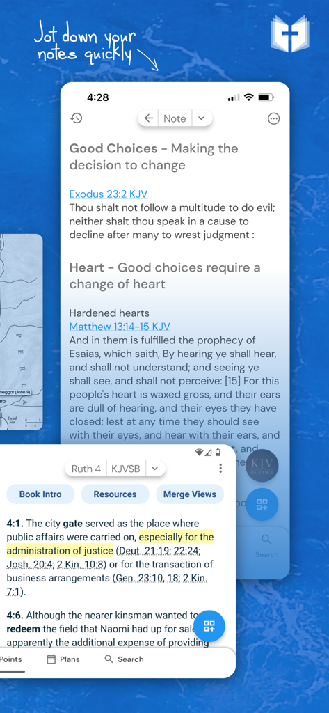 Holy Bible King James + Audio - 欽定訳聖書アプリでメモ取りと聖句ハイライトを表示するモバイル画面