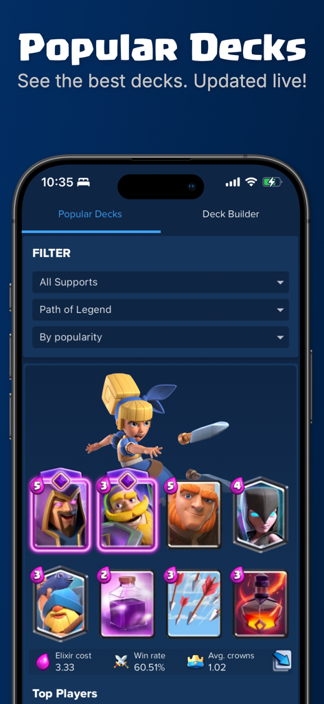 Stats Royale app interface showing popular Clash Royale decks with win rates and statistics