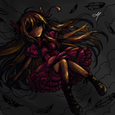 anime girl falling in sky with feathers and long hair