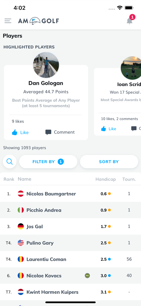 AM Golf - Mobile app screen showing amateur golf player rankings and highlighted players profiles