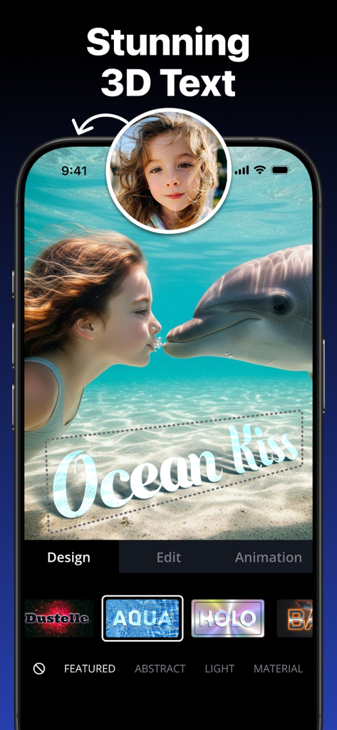 Tenada AI Photo Graphic Design - Tenadaアプリのインターフェースで、女の子とイルカの水中の写真に3Dタイポグラフィとテキストエフェクトが表示されている。