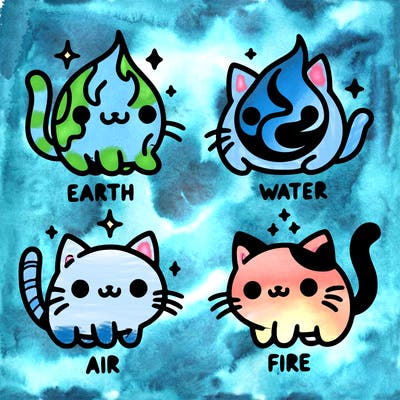 4 cats that represent the different elements, earth, water, air, and fire