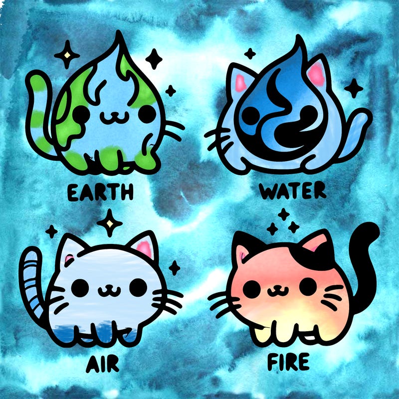 4 cats that represent the different elements, earth, water, air, and fire
