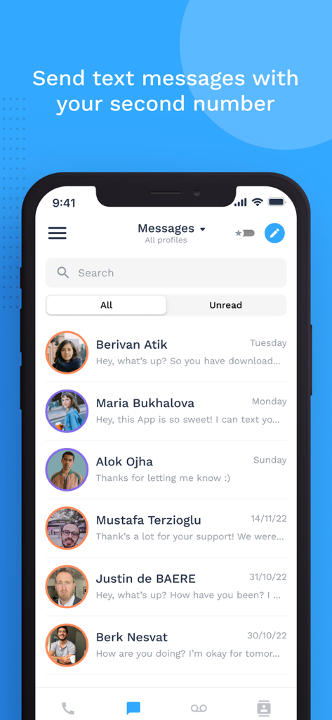 Onoff Numbers - Messaging-Oberfläche der Onoff Numbers-App, die eine Liste von Textkonversationen auf einer zweiten Telefonleitung anzeigt