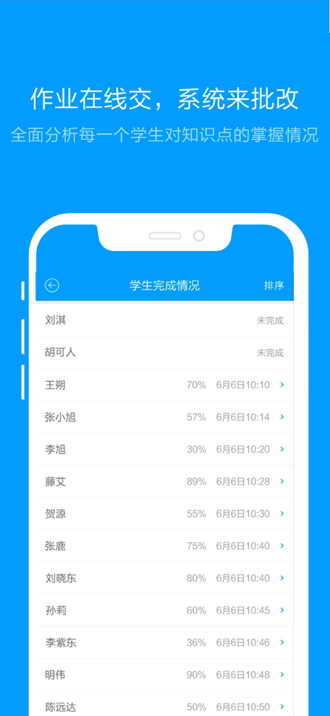 猿题库老师版 - A list of students in the Yuan Ti Ku Teacher Edition app showing homework completion percentages and submission timestamps
