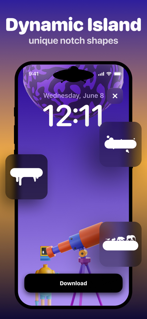 Wallpapers for Dynamic Island・ - An iPhone lock screen featuring a purple space-themed wallpaper with custom Dynamic Island notch shapes like a UFO and animals.