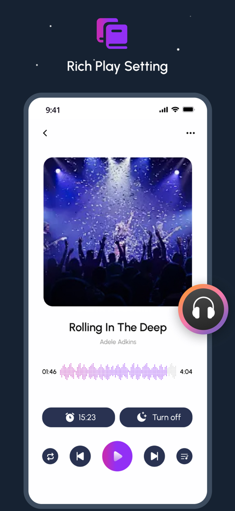 Oberfläche des eMus-Musikplayer-Apps, die Wiedergabesteuerungen mit einem Sleep-Timer und einer Audio-Wellenform anzeigt