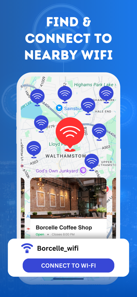 Interface de carte de l'application Wifi Map+ montrant les points d'accès WiFi à proximité avec une invite de connexion pour un café