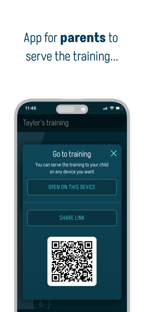 Nuroe — Focus. Learn. Thrive. - Nuroe app screen showing options for parents to start a child's training session on a device or share it via link and QR code.