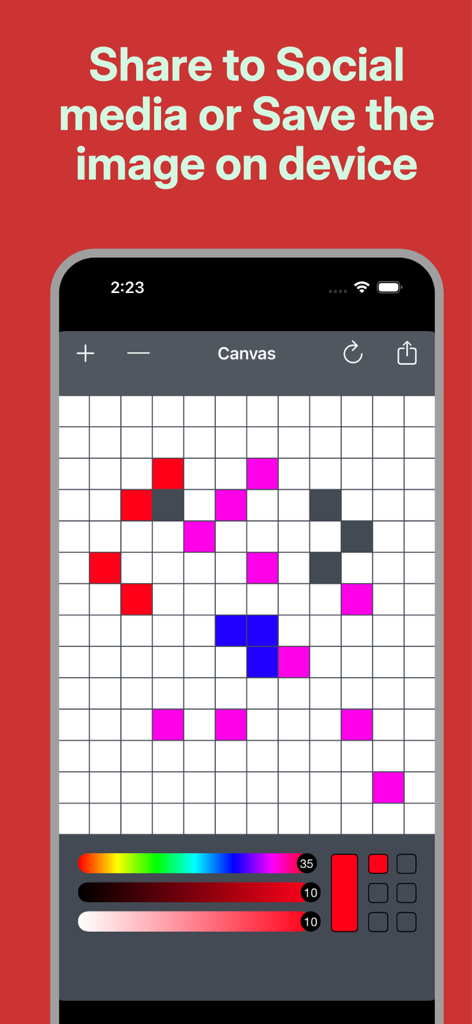 Interface of Pixel Draw app showing a pixel art grid with color sliders and sharing options