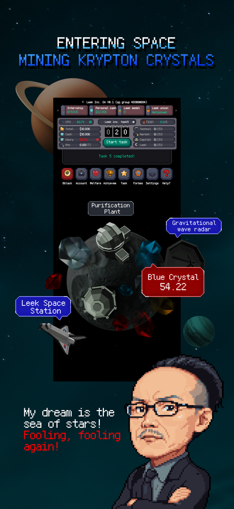 Leek Inc. - Leek Inc mobile game screenshot showing space mining for krypton crystals and a pixel art businessman character