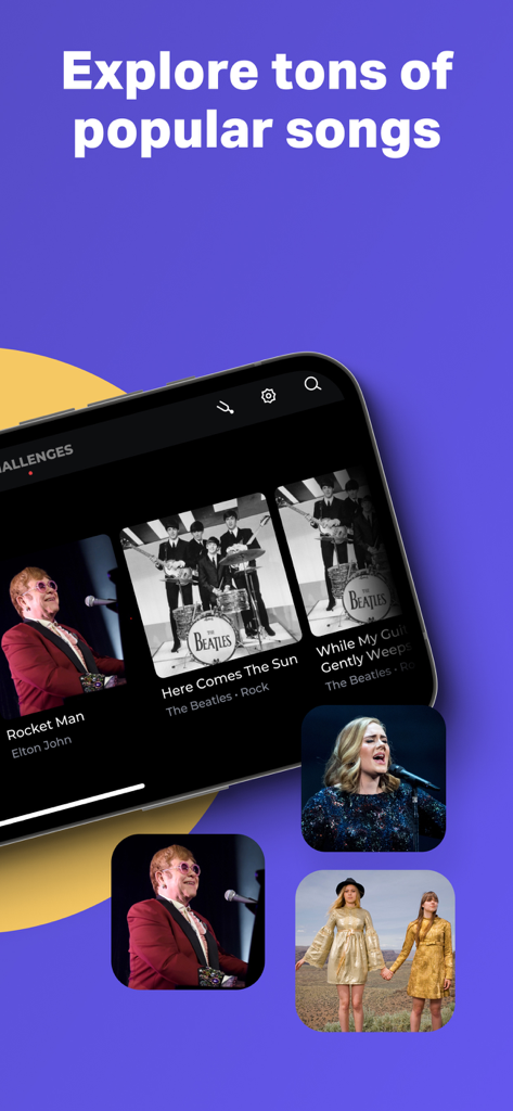 Pantalla de la app Ukelele de Yousician mostrando una biblioteca de canciones populares de artistas como Elton John y The Beatles.