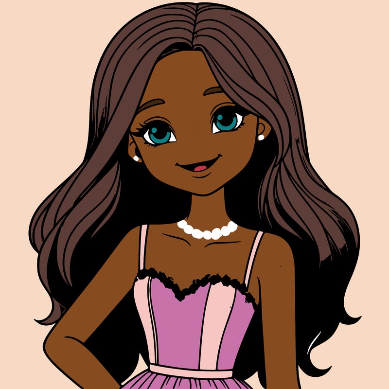 a realistic girl with long hair and a beautiful smile and dress on