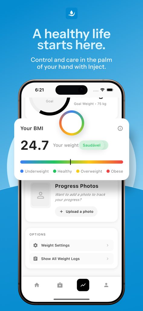 Inject - GLP-1 Tracker - Inject GLP-1 tracker app interface showing BMI calculation and progress photo upload feature
