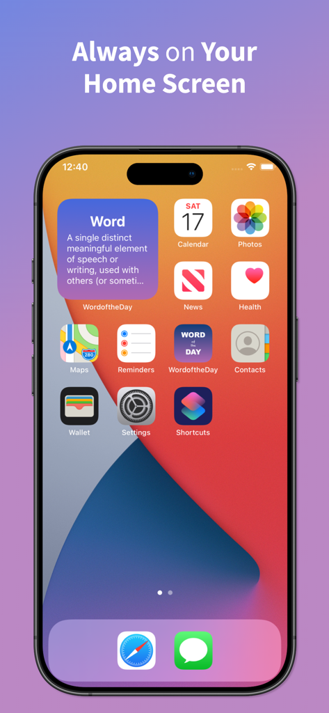 iPhone home screen showing the Word of the Day widget with a word and its definition