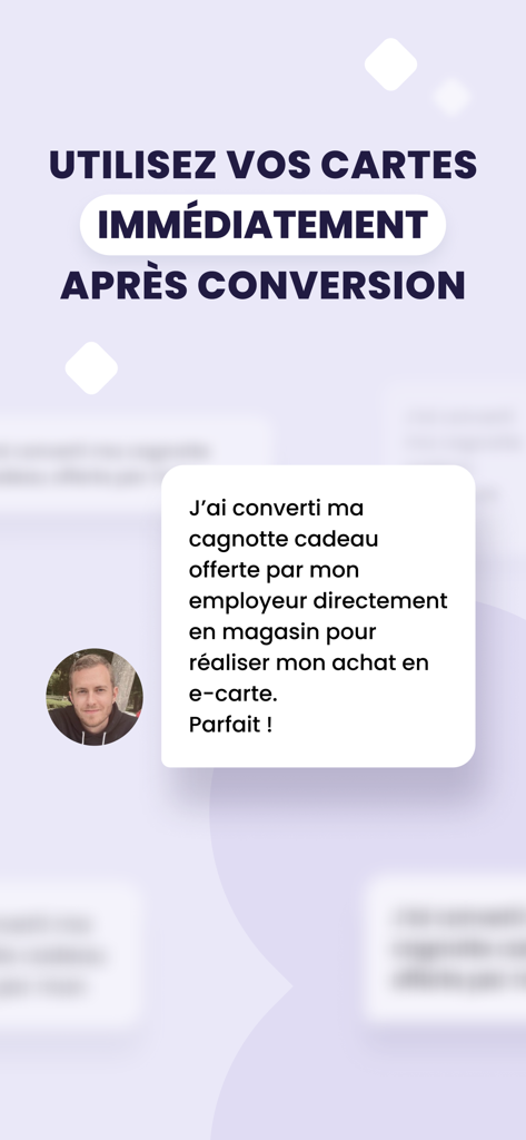 User testimonial about immediate e-card conversion from employer rewards within the My illicado app