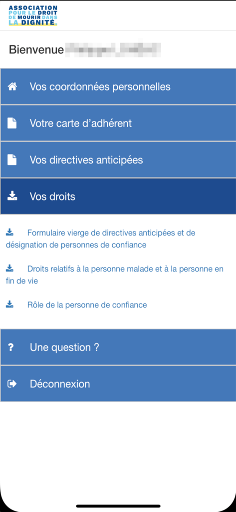 Main menu of the ADMD et Moi app featuring options for advance directives, member rights, and membership cards.