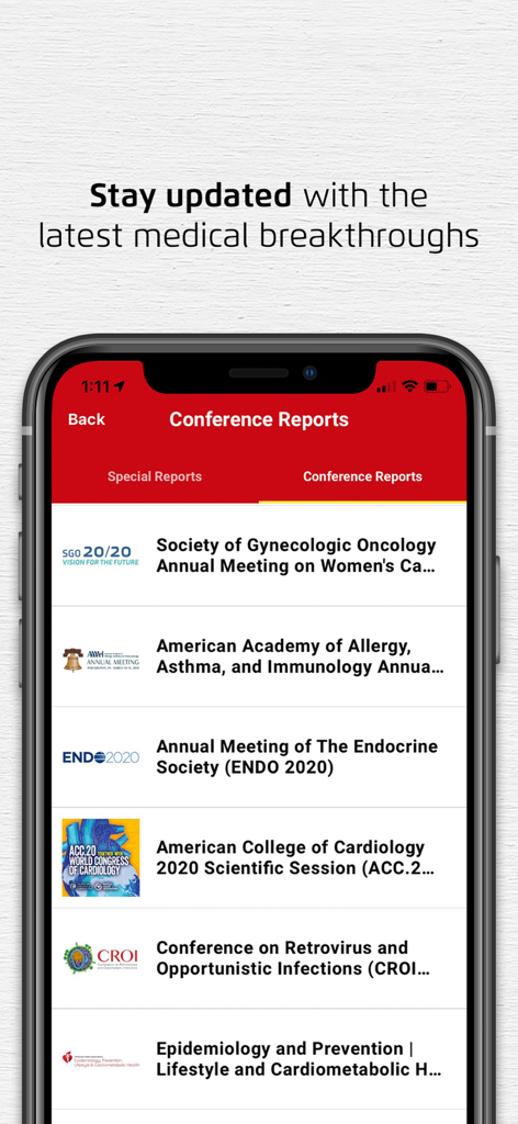 CIMS India - CIMS India mobile app screen showing a list of medical conference reports for healthcare professionals