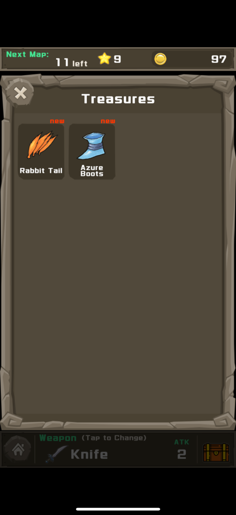 Monster Tower: Math Battle RPG - Una pantalla de tesoros en Monster Tower Math Battle RPG que muestra artículos coleccionados como una Cola de Conejo y Botas Azules