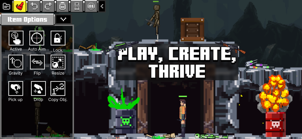 People Sandbox Workshop - People Sandbox Workshop gameplay showing a pixel art environment with ragdoll characters and item customization menus