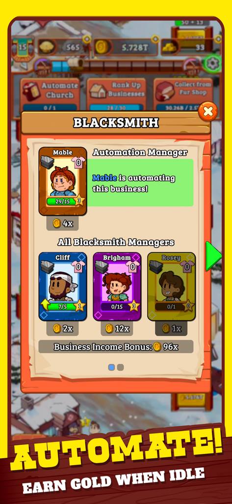 Blacksmith automation manager interface in Idle Frontier Western Tapper game