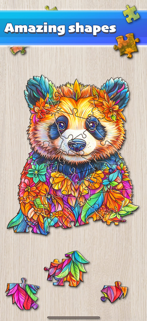 Un vibrante y artístico rompecabezas de un panda con formas de piezas únicas.