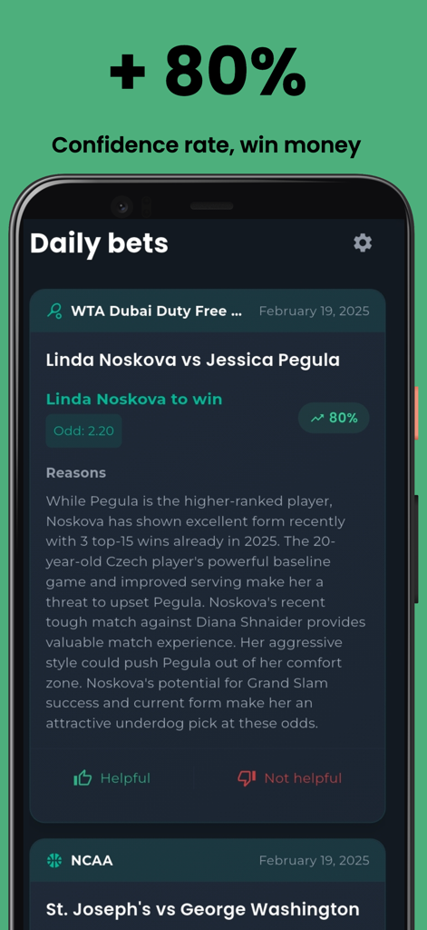Aplicativo de previsões esportivas de IA mostrando análise de partida de tênis com 80% de confiança
