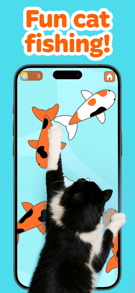 Un chat noir et blanc tapotant avec sa patte des poissons numériques sur un écran de smartphone