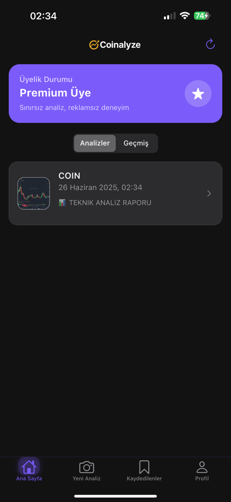Coinalyze app home screen displaying premium membership status and a recent crypto technical analysis report.