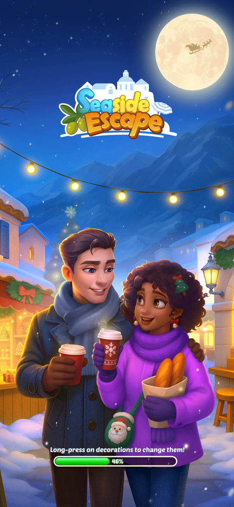 A festive winter loading screen for Seaside Escape showing two characters holding coffee and bread in a snowy village under a full moon.