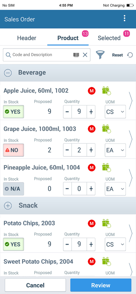 Accenture NewsPage SFA 8.0 - Accenture NewsPage SFA 8.0 sales order screen showing product inventory and selection.