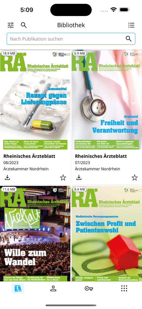 Rheinisches Ärzteblatt RÄ - Library view of the Rheinisches Arzteblatt app showing various digital medical journal issues and a search bar.