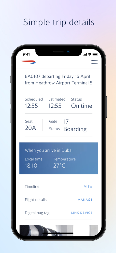 British Airways app showing real-time flight status boarding gate and destination weather.